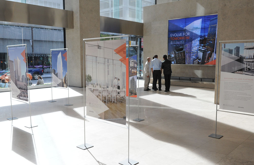 Image of posters setup in a building lobby